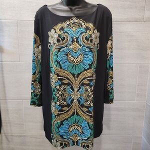 JM Collection Long Black Blouse with Blue and Gold Accents